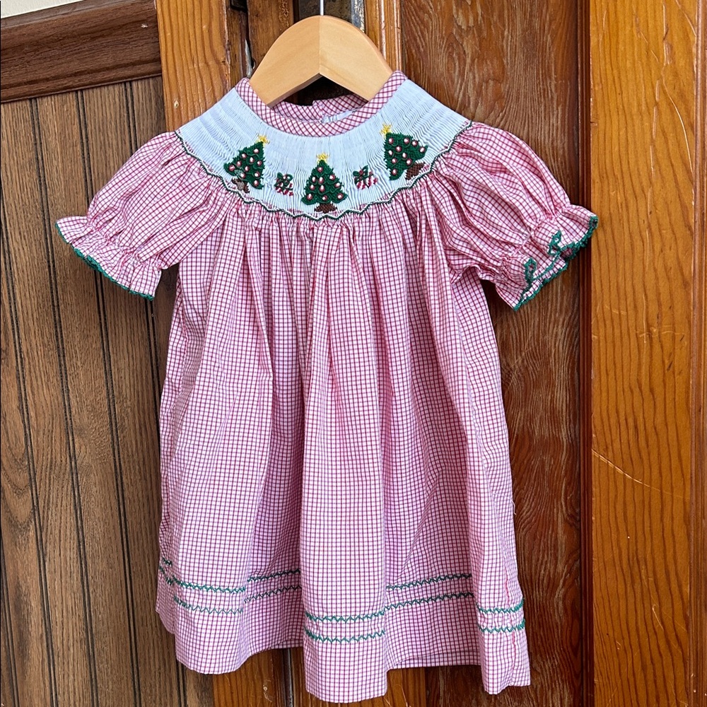 Red Gingham Dress with Christmas Tree Embroidery